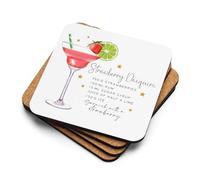 Just Printed Cocktail Recipe Coaster | Strawberry Daiquiri Cocktail Recipe | 90mm Square Gloss Finish Cork Base