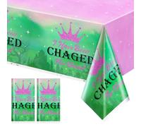 Just Shimmer 2 Pack Pink Green Crown Tablecloth, 43x71 Princess Theme Plastic Table Cover with “I Have Been Changed for Good” Quote, Waterproof Tablecloth for Birthday, Graduation, Girls Party Décor
