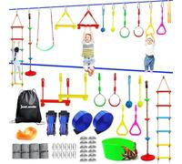 Just.smile Ninja Slackline Ninja Warrior Obstacle Course for Kids-2x52ft with Swing, Rope Ladder,Climbing Bar,Ring,Outdoor Ninja Course Training Equipment Set for Backyard, multicolour