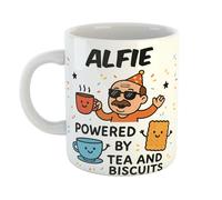 Just The Shirt Alfie Powered by Tea and Biscuits Funny Ceramic Mug Gift for Work Colleagues, Retirement, Birthdays, or Office Humour