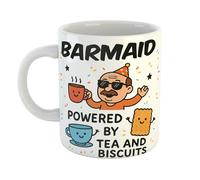 Just The Shirt Barmaid Powered by Tea and Biscuits Funny Coffee Mug Gift for Office Desk, Home or Workplace, Ideal Present for Birthdays or Retirement