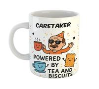Just The Shirt Caretaker Powered by Tea and Biscuits Funny Coffee Mug Gift for Office Desk, Home or Workplace, Ideal Present for Birthdays or Retirement