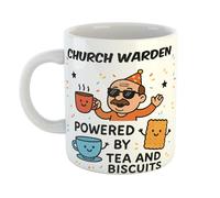 Just The Shirt Church Warden Powered by Tea and Biscuits Funny Ceramic Mug Gift for Work Colleagues, Retirement, Birthdays, or Office Humour