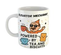 Just The Shirt Elevator Mechanic Powered by Tea and Biscuits Funny Coffee Mug Gift for Office Desk, Home or Workplace, Ideal Present for Birthdays or Retirement