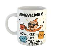 Just The Shirt Embalmer Powered by Tea and Biscuits Funny Ceramic Mug Gift for Work Colleagues, Retirement, Birthdays, or Office Humour