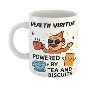 Just The Shirt Health Visitor Powered by Tea and Biscuits Funny Coffee Mug Gift for Office Desk, Home or Workplace, Ideal Present for Birthdays or Retirement