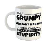 Just The Shirt I'm a Grumpy Assistant Manager My Level of Sarcasm Depends on Your Level of Stupidity White Ceramic Hand Printed Mug