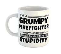 Just The Shirt Personalised Mug I'm a Grumpy Firefighter My Level of Sarcasm Depends on Your Level of Stupidity White Ceramic Customised Hand Printed Mug