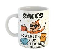 Just The Shirt Sales Powered by Tea and Biscuits Funny Coffee Mug Gift for Office Desk, Home or Workplace, Ideal Present for Birthdays or Retirement