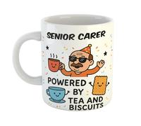 Just The Shirt Senior Carer Powered by Tea and Biscuits Funny Coffee Mug Gift for Office Desk, Home or Workplace, Ideal Present for Birthdays or Retirement