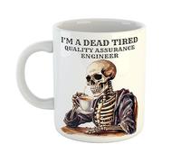 Just The Shirt Unique I'm a Dead Tired Quality Assurance Engineer Mug with Skeleton Drinking Coffee Gift for Gothic Professionals, 11 oz Ceramic Mug