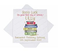 Just Toys Online Personalised Custom Good Luck First Day at School Card, Starting Primary Son Daughter Grandson Granddaughter, Rainbow Bookstack Verse, white, 5.8mm square