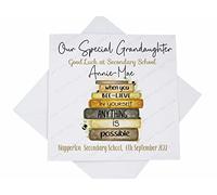 Just Toys Online Personalised Custom Good Luck Starting School Card, Son Daughter Grandson Granddaughter, Good Luck Card, New Job Card, Bee Bookstack Verse, white, 5.8mm square