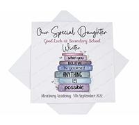 Just Toys Online Personalised Custom Good Luck Starting School Card, Son Daughter Grandson Granddaughter, Good Luck Card, New Job Card, Pastel Bookstack Verse, white, 5.8mm square