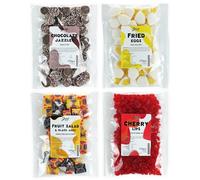 Just Treats Sweet Quartet - Fruit Salad & Black Jack Chews, Squirrel Cherry Lips, Choc Jazzles, Fried Eggs (4 x 175g Bags) - 5,12,13,25