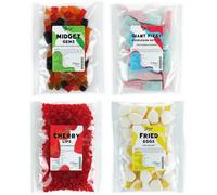 Just Treats Sweet Quartet - Lion Midget Gems, Giant Fizzy Bubblegum Bottles, Squirrel Scented Cherry Lips & Fried Eggs (4 x 175g Bags) - 12,14,20,25