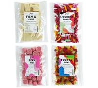 Just Treats Sweet Quartet - Pink Pigs, Squirrel Floral Gums, Liquorice Comfits, Fish n Chips (4 x 175g Bags) - 8,22,24,26