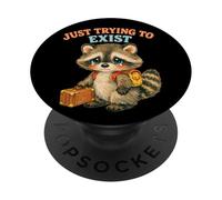 Just Trying to Exist Sad Raccoon with Suitcase Retro Graphic PopSockets Adhesive PopGrip