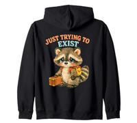 Just Trying to Exist Sad Raccoon with Suitcase Retro Graphic Zip Hoodie