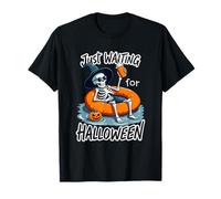 Just Waiting for Halloween Funny Skeleton Floating on Float T-Shirt