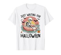 Just Waiting for Halloween Skeleton Float Sunset Bats T-Shirt