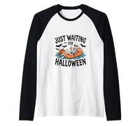 Just Waiting for Halloween Spooky Ghosts Pumpkins Full Moon Raglan Baseball Tee
