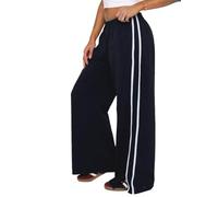 Justalwart Women's Elasticated Waistband Side Pockets Double Stripe Split at Bottom Hem Wide Leg Pants