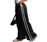 Justalwart Women's Elasticated Waistband Side Pockets Double Stripe Split at Bottom Hem Wide Leg Pants, Black with White, S