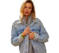 Justalwart Women's Oversized Vintage Denim Jacket Long Sleeve Boyfriend Coat, Rhinestone Details, X-Large