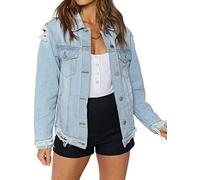 Justalwart Women's Plus Size Jean Jacket Trucker Denim Jacket, Distressed Pale Blue Washed, L