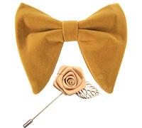 Justar Mens Pre-Tied Oversized Velvet Bow Tie with Flower Lapel Pin Brooch for Suit Wedding Tuxedo Bowtie Set (Dark Yellow)