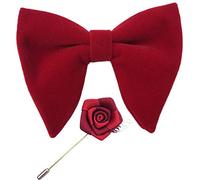 Justar Mens Pre-Tied Oversized Velvet Bow Tie with Flower Lapel Pin Brooch for Suit Wedding Tuxedo Bowtie Set (Wine Red)