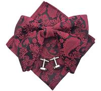 Justar Mens Pre-Tied Paisley Bowtie Oversized Tuxedo Bow Tie Hankie Cufflinks Set (Burgundy)