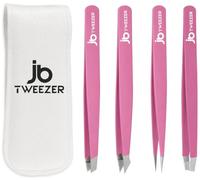 JustBlanks Professional Stainless Steel Precision Tweezers - Eyebrow, Ingrown Hair, Splinter, Blackhead & Tick Remover (Slant+Pointed+Classic+Pointed Slant) Pack of 4 Pink