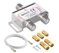 Justech 2 Way TV Aerial Splitter Coax Splitter F Type 5-2500MHz, Silver | Satellite Cable Splitter with 1.5m Coax Cable F Plugs for Sky Box Telewest Eurovox Starview Dreambox
