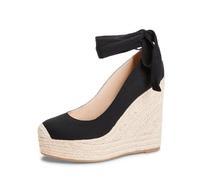 JustFab Wedge Sandals for Women Platform High Heels Summer Mule Open Toe Espadrille Wedges Slip on Comfortable Soft Arch Support Sandals, Black-platform, 4 UK