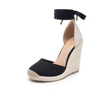 JustFab Wedge Sandals for Women Platform High Heels Summer Mule Open Toe Espadrille Wedges Slip on Comfortable Soft Arch Support Sandals, Black, 6 UK