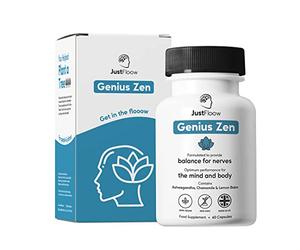 JustFloow Genius Zen® Stress Relief Supplement | 9 Active Calming Ingredients| Natural Relief of Anxiousness, Nervousness, and Irritability | Vegan & Gluten Free | 2 Month Supply