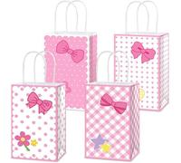 Justforjoyful 12pc Pink Cat Gift Bags - Cute Kitty Candy Treat Bags with Handles - Polka Dots, Flowers, Stars, Hearts, Bows - 8.3 x 5.9 x 3.1 inches - Baby Shower, Birthday Party