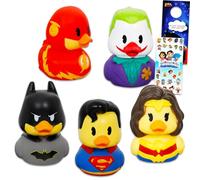 Justice League Duckaloos Collection Set - Bundle with 5 Rubber Duck Mini Figures for Kids, Adults Featuring Superman, Joker, Flash, Wonder Woman, Batman Plus Stickers, More | Collectible Duckalooz