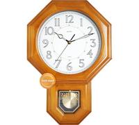 JUSTIME Traditional Luminous Schoolhouse Solid Wood Pendulum Wall Clock Chimes Hourly with Westminster Melody Chime Made in Taiwan (Natural Wood w/Westminster Chime)