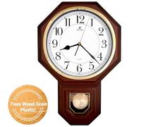 JUSTIME Traditional Schoolhouse Easy to Read Pendulum Plastic Wall Clock Chimes Every Hour with Westminster Melody Made in Taiwan, 4AA Batteries Included (PP0258-WDW Dark Wooden Grain)
