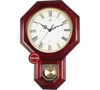 JUSTIME Traditional Schoolhouse Solid Wood Roman Pendulum Wall Clock Chimes Hourly with Dual Melody Chime Made in Taiwan (Red Wood W/Dual Melody)