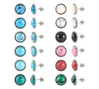 JUSTJANDM 12 Pairs Multi Gemstone Turquoise Stud Earrings Gold Plated Stainless Steel Gem Stone Stud Earrings Set for Women, 6mm, Stainless Steel, Turquoise