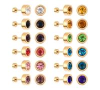 JUSTJANDM 12 Pairs Stainless Steel Flat Back Stud Earrings Gold Plated Surgical Steel Screw Back Round Star Heart Flower Birthstone Cubic Zirconia Stud Earrings Set, 6mm, Stainless Steel, Cubic