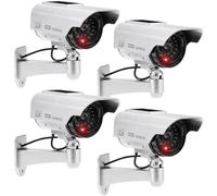 JUSTOP 4 Pack Dummy CCTV Camera Outdoor/Indoor Waterproof With Reality LED Light Solar Or Battery Powered - Silver