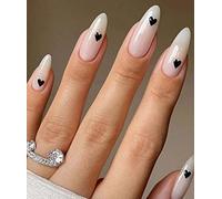 JUSTOTRY 24 Pcs Almond Press on Nails Short with Black Heart Designs,Milky False Nails Oval,French Stick on Nails for Women and Teens,Valentine's Day Fake Nail for Nail Art