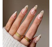 JUSTOTRY 24 Pcs Almond Press on Nails Short with Gold Heart Designs,Milky White False Nails Oval,French Stick on Nails for Women and Teens,Valentine's Day Fake Nail for Nail Art