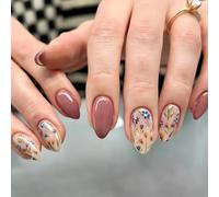 JUSTOTRY 24 Pcs Almond Short False Nails with Flower and Leaf Pattern,Maroon Press on Nails,Glossy Fake Nails Medium for Nail Art,French Oval Stick on Nail for Women Gifts