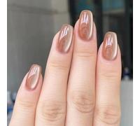 JUSTOTRY 24 Pcs Cat Eye False Nails Short Pattern,Naked Brown Solid Square Press on Nails,Glossy Fake Nails Medium for Nail Art,French Squoval Cateye Stick on Nail for Women Gifts